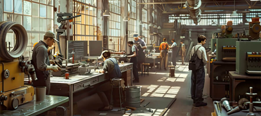 People working on a busy factory floor.