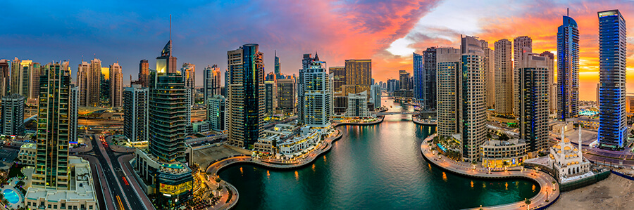 Dubai skyline at dusk.