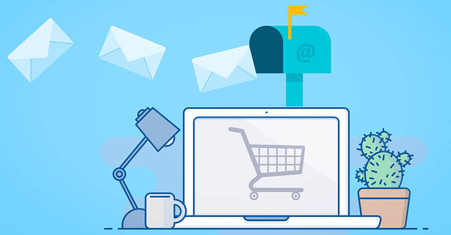 Vector of laptop screen with a shopping cart and an email inbox.