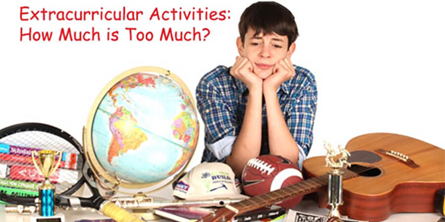 Young man with lots of items to represent extracurricular activities - musical instruments, sport items, globe etc.