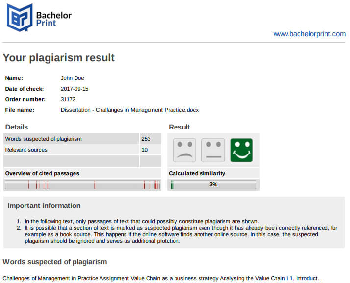 BachelorPrint Plagiarism Detector, results.