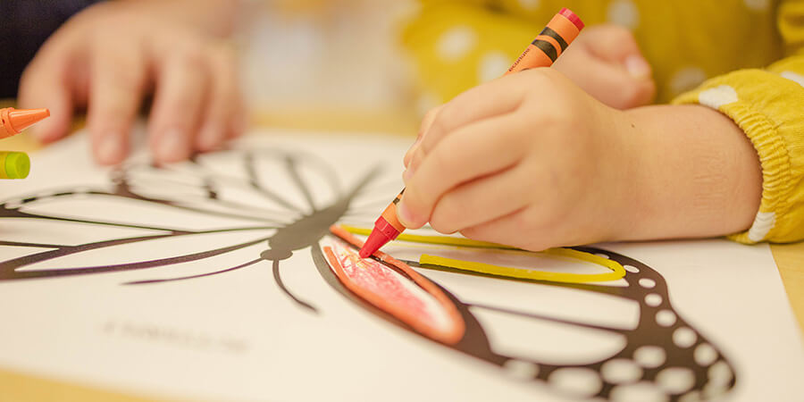 Child's hand using a crayon to colour a butterfly.