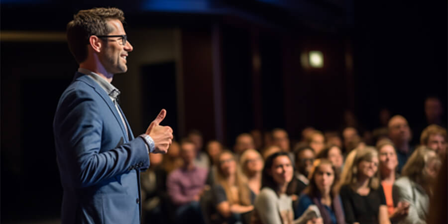 Man presenting in front of an audience.