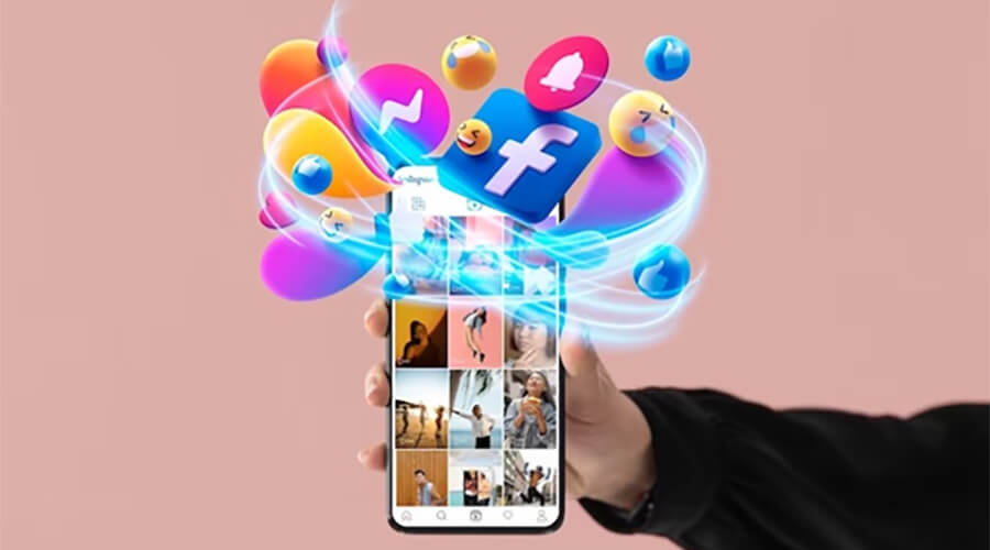 Vector graphic man's hand holding a phone with social media icons spinning.