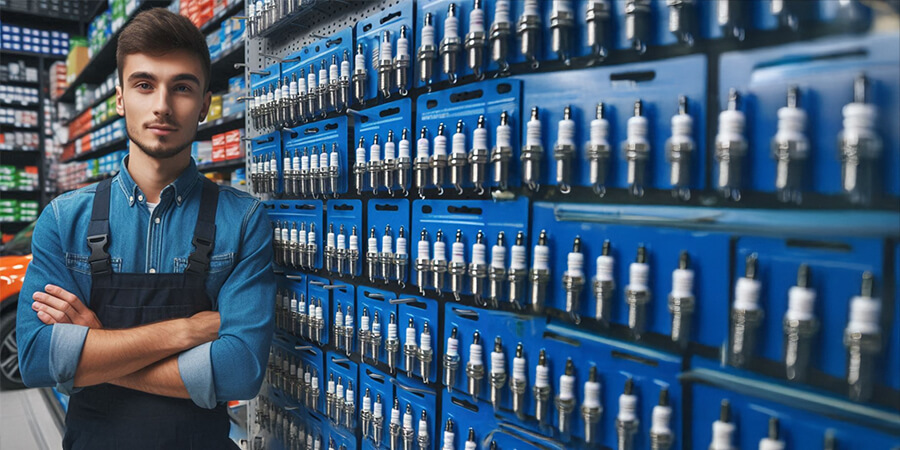 Mechanic in his garage with a lot of spark plugs.