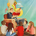 Drawing of a father figure reading stories to children.