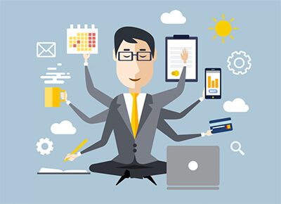 Cartoon of man with many arms juggling business items.