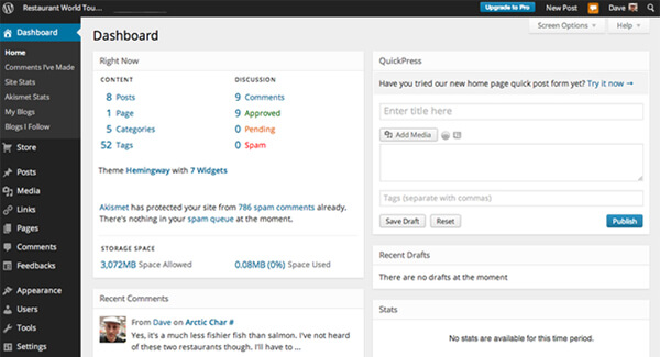 Wordpress dashboard example