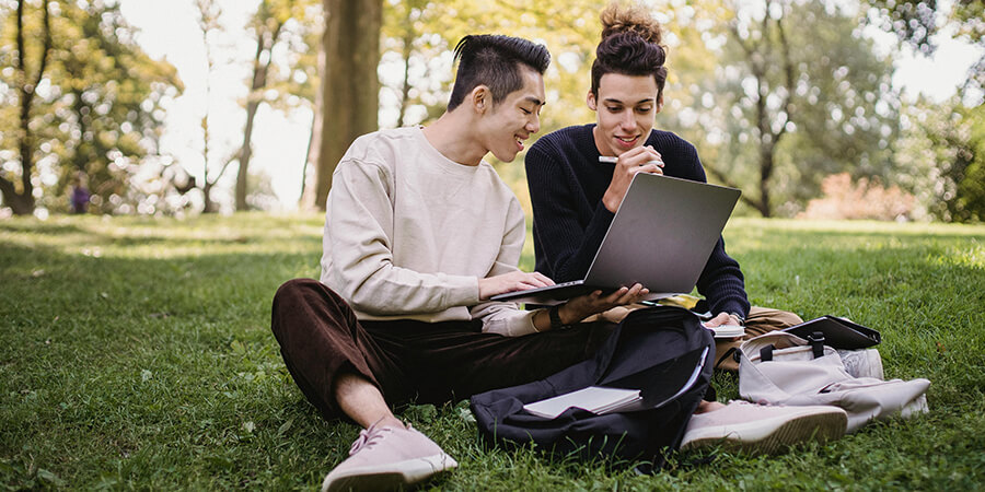 Two people sitting on the grass while working on their laptop, in the park.