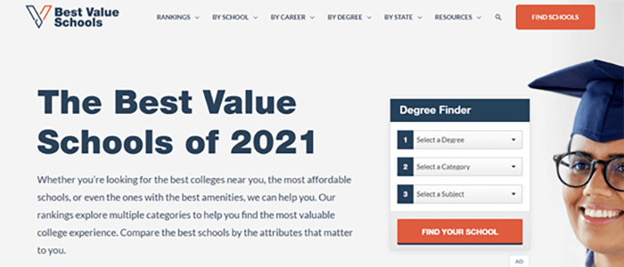 Best Value Schools website screenshot.