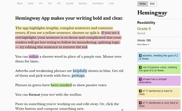 Hemingway editor screenshot