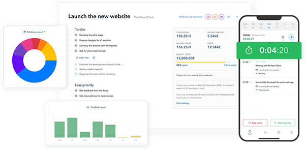 MyHours screenshot of adding a time log and weekly timesheet.