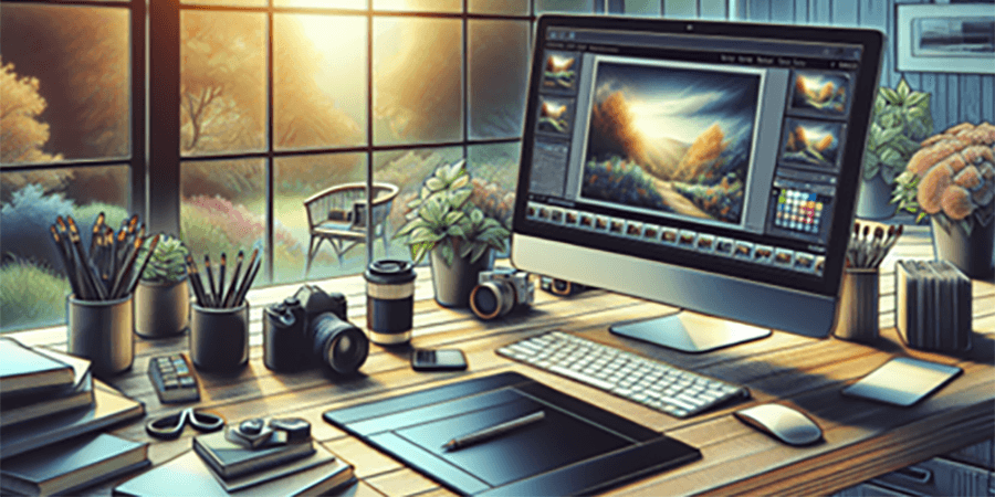 Illustration of a photo editors desk with computer, cameras and lens.