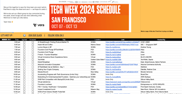 Tech schedule San Francisco speadsheet example.