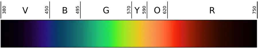 The spectrum of light. From left to right: Violet from 380 to 450 nanometer wavelength, blue from 450 to 495 nanometer wavelength, green from 495 to 570 nanometers, yellow from 570 to 590 nanometers, orange from 590 to 620 nanometers, and red from 620 to 750 nanometer wavelength of light.